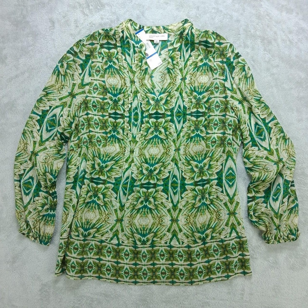 Jones New York Sport Women XL Green Boho Print Long Sleeve Ruffle Blouse NWT